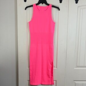 Neon Pink Sleeveless Midi Dress with Side Slit